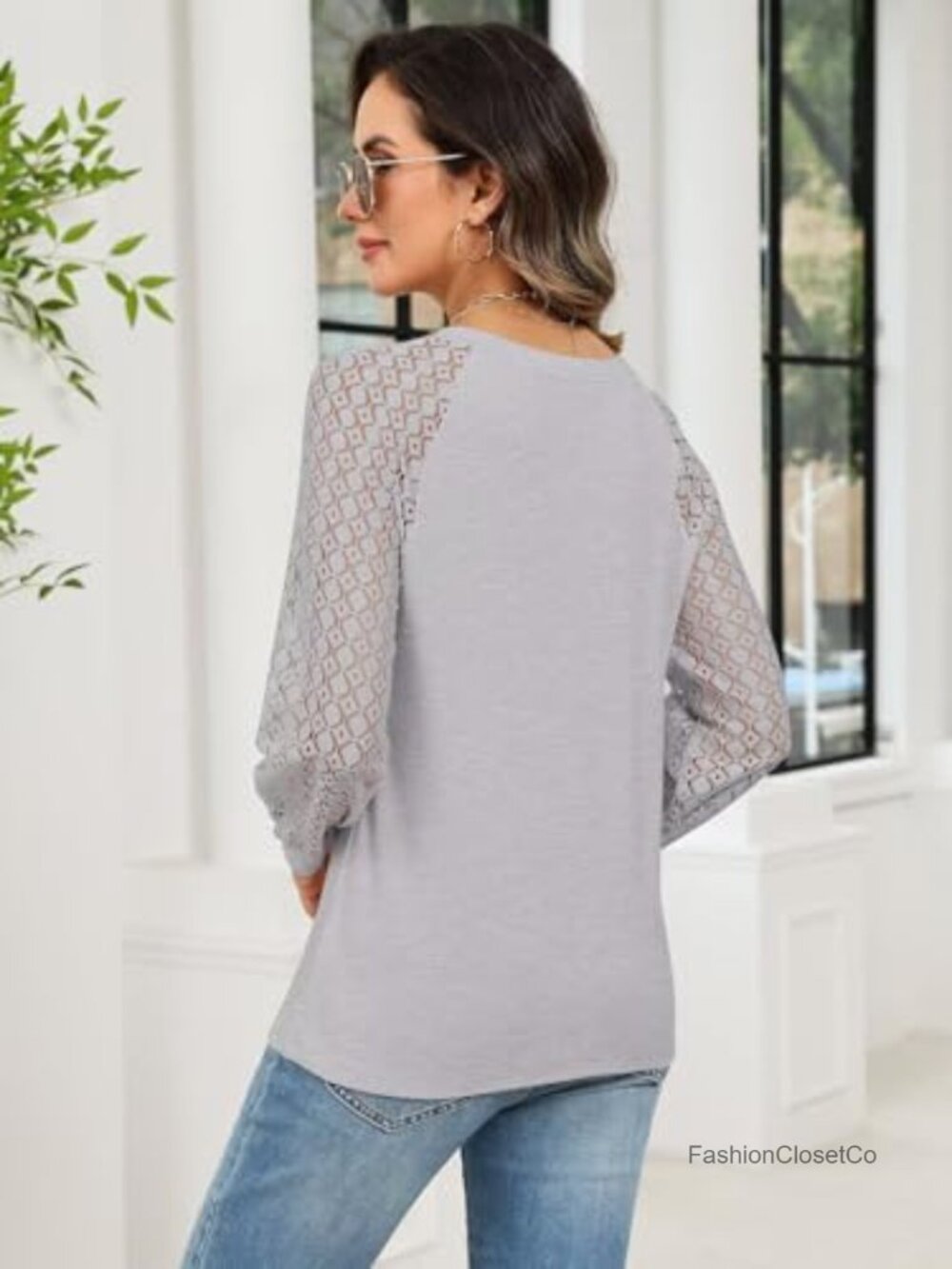 Women's Lace Long Sleeve Henley T-Shirt Crewneck Top Cotton Blend Casual - Picture 3 of 4